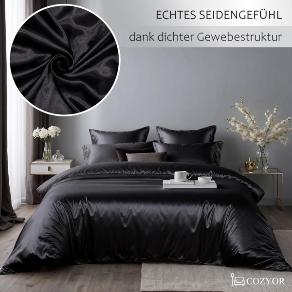 Cozyor Bettwäsche Satin glänzend 135x200, 155x200, 155x220, 200x200cm mit Reißverschluss, Satin, schwarz Eclipse, 3 teilig, Edel und hochwertig Bild 6