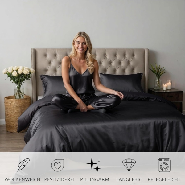 Cozyor Bettwäsche Satin glänzend 135x200, 155x200, 155x220, 200x200cm mit Reißverschluss, Satin, schwarz Eclipse, 3 teilig, Edel und hochwertig Bild 8