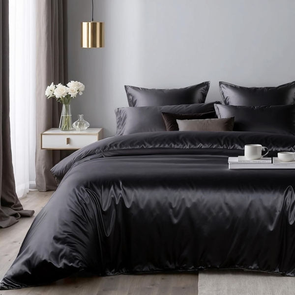 Cozyor Bettwäsche Satin glänzend 135x200, 155x200, 155x220, 200x200cm mit Reißverschluss, Satin, schwarz Eclipse, 3 teilig, Edel und hochwertig Bild 4