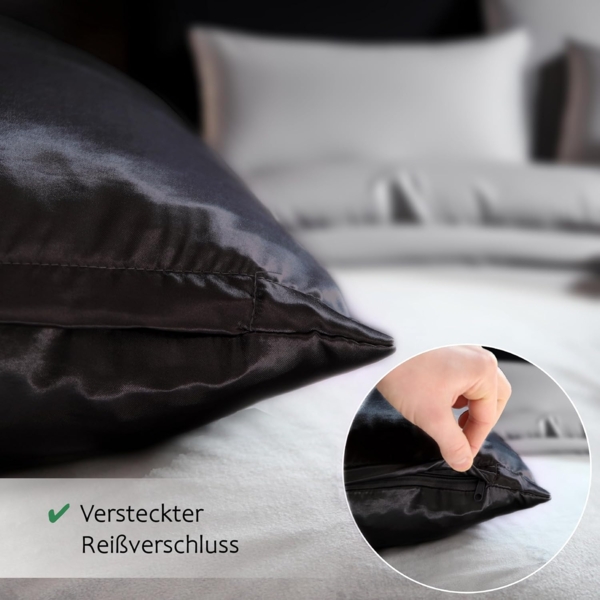 Cozyor Bettwäsche Satin glänzend 135x200, 155x200, 155x220, 200x200cm mit Reißverschluss, Satin, schwarz Eclipse, 3 teilig, Edel und hochwertig Bild 3