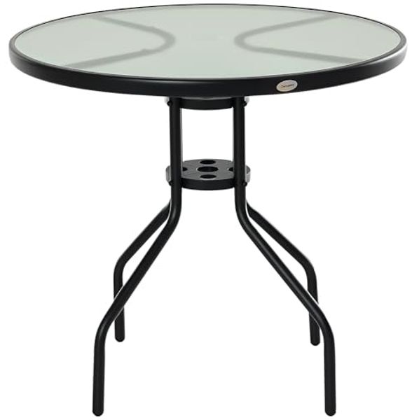 Outsunny Gartentisch Balkontisch Garten Beistelltisch Bistrotisch Gartenmöbel mit Schirmloch Hartglas + Metall Schwarz 80x72