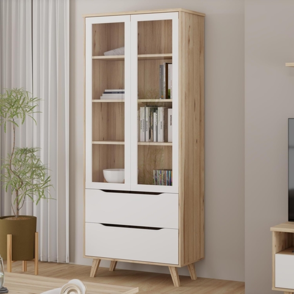 FORTE Vitrine Vankka Stauraumvitrine (B/H/T 84,7/201,5/41,7 cm) 2 Glastüre, Grifflos, zeitloses Design, 2 Schubkästen