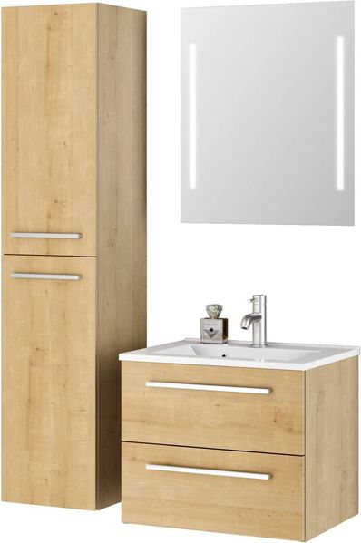 Sieper I Badmöbel Set Libato, Waschtisch mit Unterschrank 60x50 cm, Hochschrank und Badspiegel I Eiche Natur