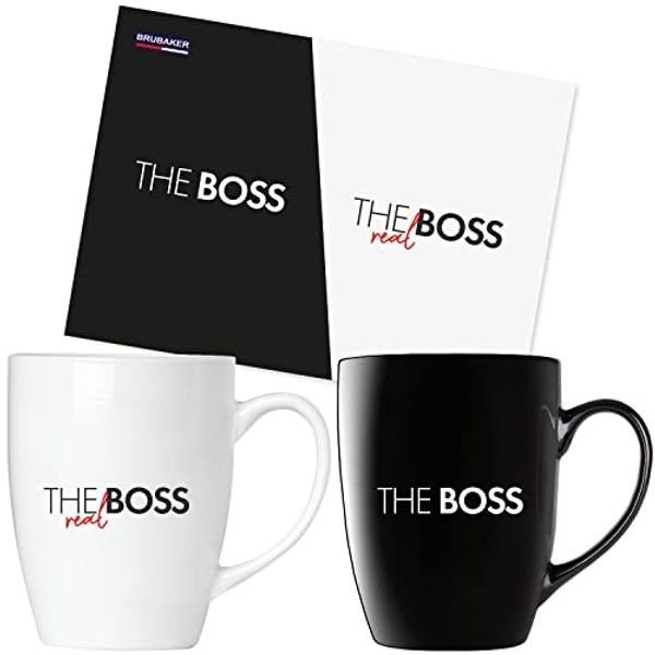 BRUBAKER Tasse Kaffeetassen The Boss The Real Boss mit Grußkarte, 2-tlg, Keramik, Kaffeebecher - 300 ml Tassen Geschenkset - in Geschenkbox