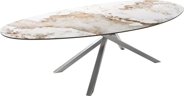 Outdoortisch Edge Oval 280x130 cm Keramik Minas Melange Weiß-Beige Kreuzgestell Rechteck Edelstahl
