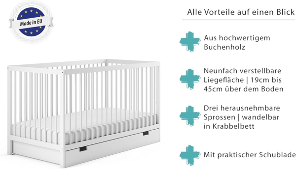 Kids Collective Kinderbett Babybett Gitterbett 60x120 und 70x140 cm höhenverstellbar, mit Schublade und Matratze weiß 70x140 cm von Geburt bis 6. Lebensjahr Bild 5