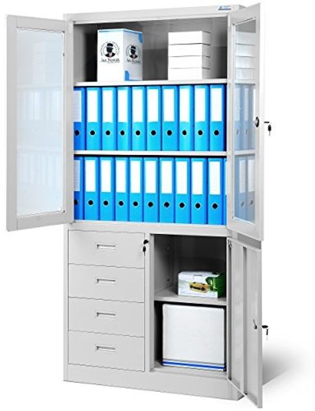 Jan Nowak Aktenschrank C042 Büroschrank Metallschrank Flügeltüren Schubladen Pulverbeschichtung Stahlblech 185 x 90 x 40 cm (H x B x T) (grau/grau)