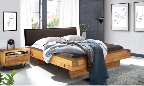 Möbel-Eins CURBY Balkenbett mit Polster-Kopfteil, Wangenfuß, Material Massivholz Natur 160x200 cm Kunstleder Braun Bild 2