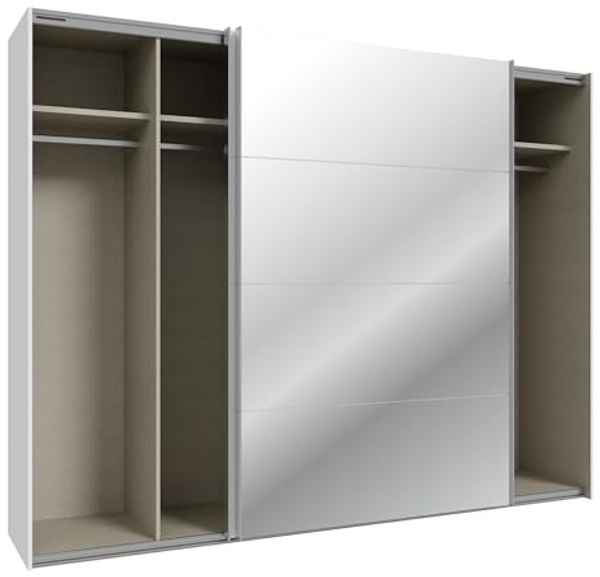 Forte SOPHISTISPACE Kleiderschrank 270, moderner Schwebetürenschrank, 2-türig, Einlegeböden, Kleiderstangen, Spiegel, Holzwerkstoff, Weiß/Weiß Glanz, 269,8 cm breit x 210,5 cm hoch x 62,9 cm tief Bild 6