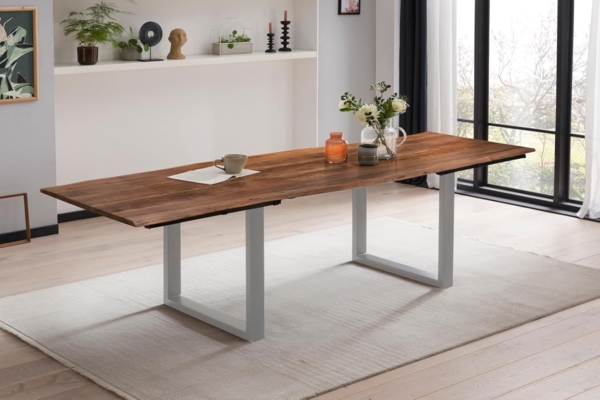 SAM Baumkantentisch 220 (320) x 100 cm Adina, Akazienholz nussbaumfarben & massiv, Esszimmertisch mit 2 Ansteckplatten, Silbernes U-Metallgestell, Platte 26mm Bild 2