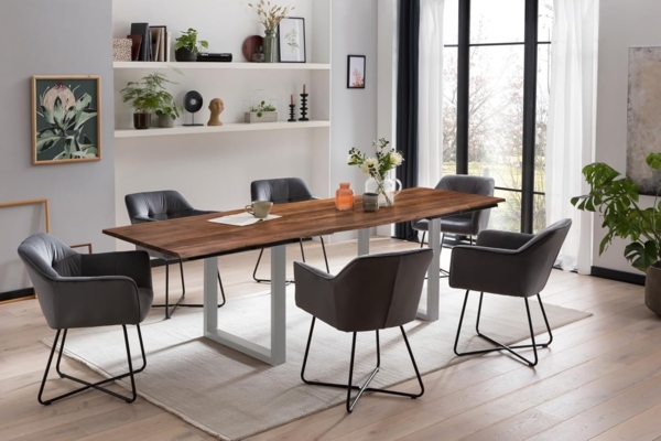 SAM Baumkantentisch 220 (320) x 100 cm Adina, Akazienholz nussbaumfarben & massiv, Esszimmertisch mit 2 Ansteckplatten, Silbernes U-Metallgestell, Platte 26mm Bild 3