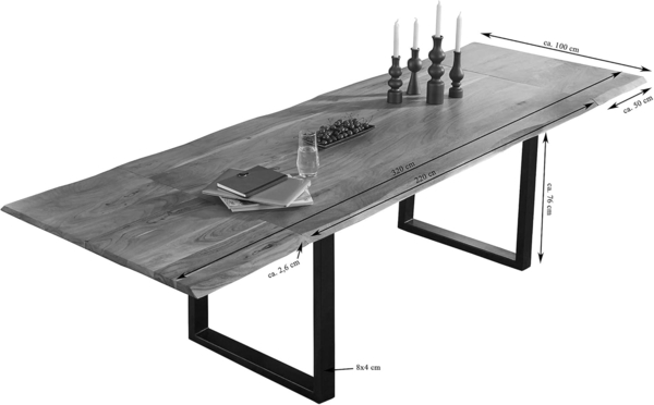 SAM Baumkantentisch 220 (320) x 100 cm Adina, Akazienholz nussbaumfarben & massiv, Esszimmertisch mit 2 Ansteckplatten, Silbernes U-Metallgestell, Platte 26mm Bild 6