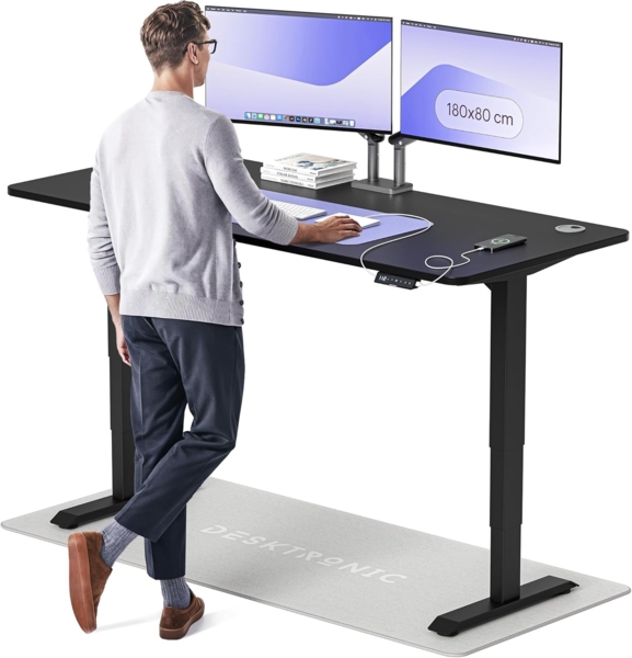 Höhenverstellbarer Schreibtisch - Höhenverstellbar Elektrisch mit Flüsterleisem Dual-Motor & Touchscreen - Hohe Tragfähigkeit - Stehtisch von Desktronic, Schwarz + Schwarz, 180x80 cm