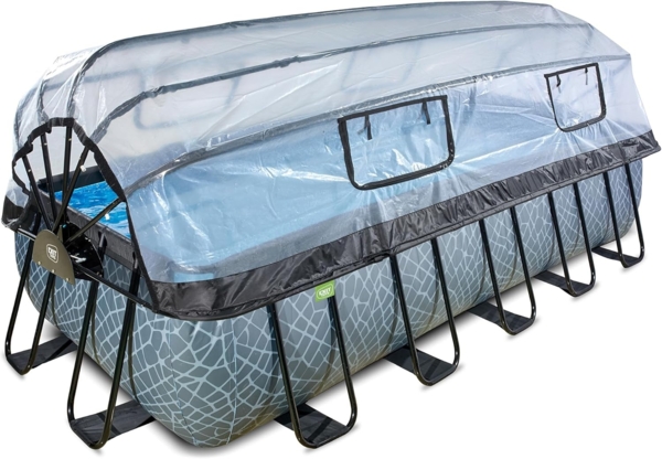 Exit Stahlrahmen Aufstellpool | Grau | 540 x 250 x 122 cm | Inkl. Sandfilteranlage, Sonnendach, Wärmepumpe