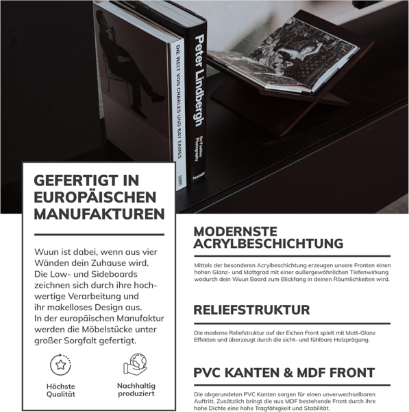 Wuun® 180cm/Grau-Hochglanz (Korpus Schwarz-Matt)/8 Größen/5 Farben/TV Lowboard TV Board hängend Hängeschrank Wohnwand/Somero Bild 6