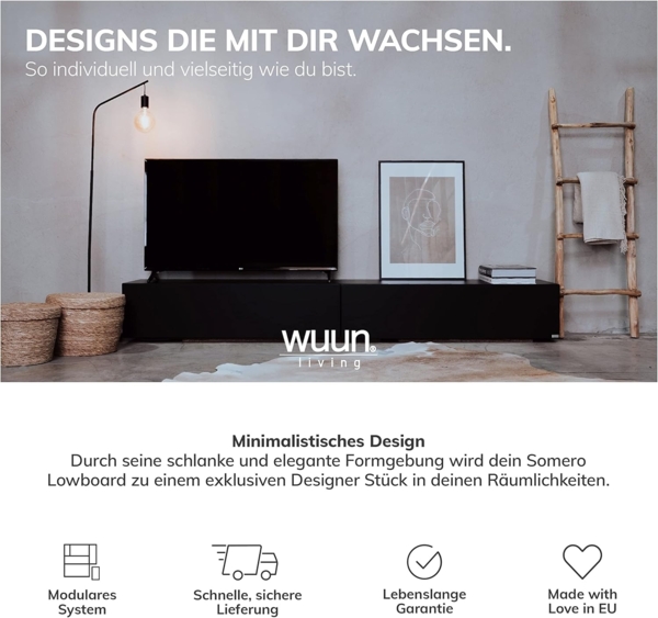 Wuun® 180cm/Grau-Hochglanz (Korpus Schwarz-Matt)/8 Größen/5 Farben/TV Lowboard TV Board hängend Hängeschrank Wohnwand/Somero Bild 4