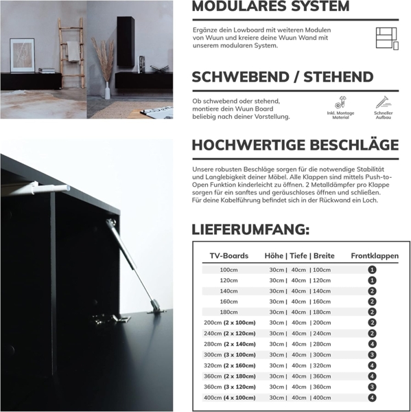 Wuun® 180cm/Grau-Hochglanz (Korpus Schwarz-Matt)/8 Größen/5 Farben/TV Lowboard TV Board hängend Hängeschrank Wohnwand/Somero Bild 5