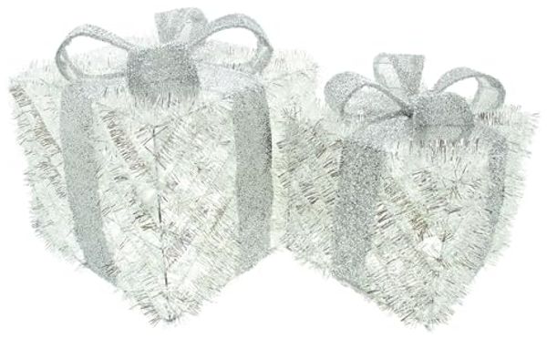 2x LED Deko "Geschenk" in silber, Weihnachtsdeko innen, Leuchtdeko, Winterdeko beleuchtet für Sideboard, Weihnachtsbaum, Tisch Bild 3
