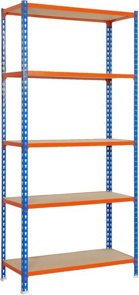 SimonRack Schwerlastregal, Lagerregal, 200 x 110 x 50 cm, Metallregal, Kellerregal, Biegestelle 200 kg, 5 Holzfachböden, Blau/Orange/Holz - Maderclick