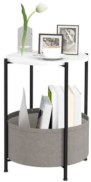 HOMCOM Beistelltisch mit Korb aus Stoff, Stauraum, Rund (Couchtisch, 1-St, Kaffeetisch), für Wohnzimmer, Schlafzimmer, 44 x 44 x 56 cm, Stahl, Grau+Weiß