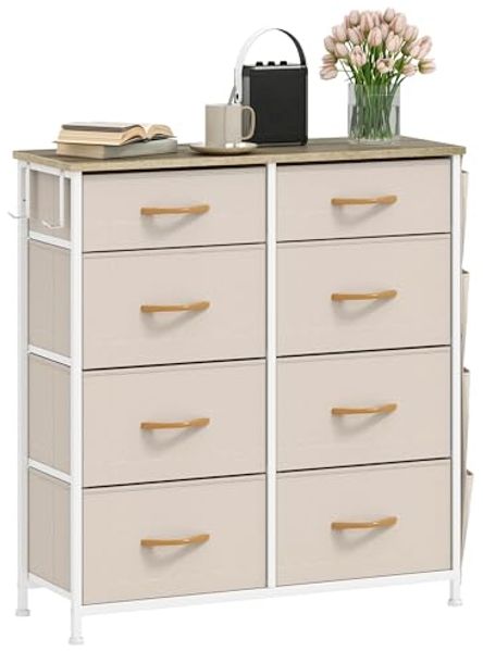 DWVO Kommode mit 8 Schubladen, langlebiger Schrank mit Haken & Seitentaschen, Stoffschubladen mit Griffen, Robustes Metallgestell, Beige