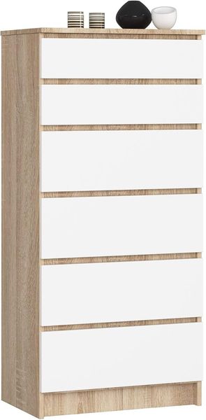 AKORD Kommode K60 mit 6 Schubladen | für das Wohnzimmer Schlafzimmer Schrank Büro Arbeitszimmer | Modernes Funktionales Design | B60 x H130 x T40 cm, Gewicht 43kg | Sonoma Eiche/Weiß