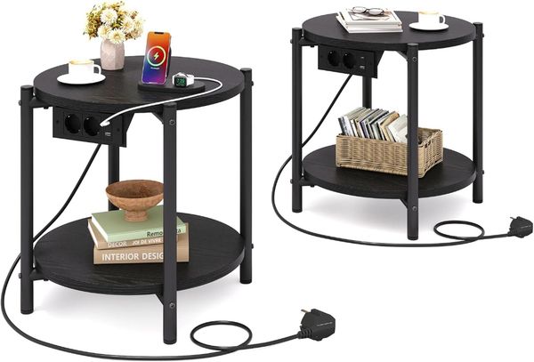 IRONCK Beistelltisch rund, Couchtisch mit Steckdose, Kleiner Tisch Holz, Wohnzimmertisch 2 Ablagen,Sofatisch,USB & Type-C-Anschluss, Metallrahmen, Nachttisch für Schlafzimmer (Schwarz, 2 Stücke)