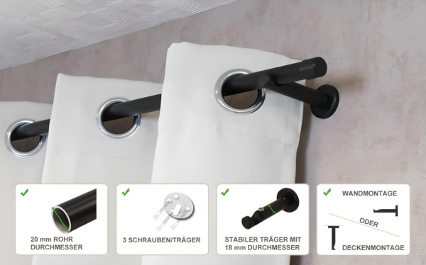 iso-design Gardinenstange 20 mm Schwarz Endstück Kappe Wand- oder Deckenmontage, Ø 20 mm, 1-läufig, Fixmaß, Metall Bild 2