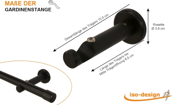 iso-design Gardinenstange 20 mm Schwarz Endstück Kappe Wand- oder Deckenmontage, Ø 20 mm, 1-läufig, Fixmaß, Metall Bild 6