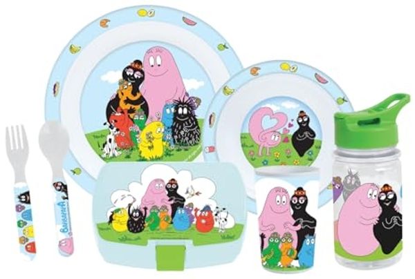 FUN HOUSE | Komplettes Set Lunchbox Barbapapa für Kinder | 1 Glas, 2 Teller + Besteck + Trinkflasche und Brotdose | offizielles Lizenzprodukt | wiederverwendbar und mikrowellengeeignet | Geschenkidee