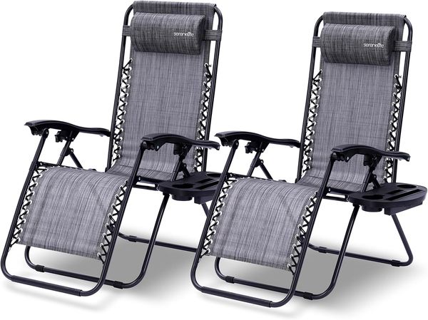 SereneLife Gartenliege 2er Set, Liegestuhl, Sonnenliege klappbar mit Stufenlos verstellbare Positionen, Kopfstütze Getränk & Handyhalter, Liegestuhl Garten, Relaxliege ideal fürs Relaxen & Chillen