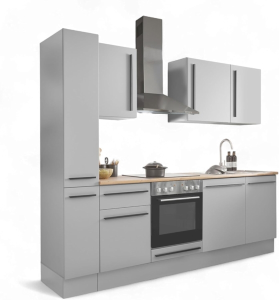Denver Moderne Küchenzeile mit Elektrogeräten in Grau, Lancelot Eiche Optik - Geräumige Einbauküche mit viel Stauraum - 250 x 211 x 60 cm (B/H/T)