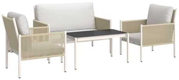 Outsunny Sitzgruppe mit 2er Sofa, Sessel, Glastisch, Kissen, (Lounge-Set für 4 Personen, 4-tlg, Gartenmöbel Set aus Polyrattan), für Garten Balkon Braun+Grau