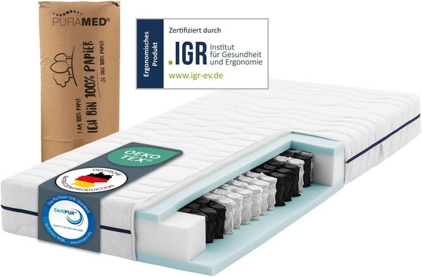PURAMED Taschenfederkernmatratze 100x200 cm | Härtegrad H4 | Höhe 20 cm | ergonomische 7-Zonen Matratze | waschbarer Mikrofaser-Bezug | Oeko-TEX® & CertiPUR Zertifiziert | produziert in Deutschland