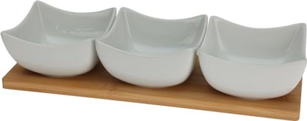 Koopman Servierschale Porzellan Servierset 4 Tlg. 30x10 cm 3 rechteckige Schalen Weiß Brett, Porzellan, (1-tlg), 3 Schalen, Bambus Tablett, Porzellan Schalen, Snackschale
