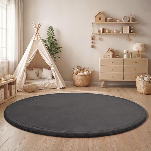 Paco Home Teppich Kinderzimmer Kinderteppich Baby Spielteppich Krabbeldecke Krabbelmatte Weich rutschfest Jungen Mädchen Deko, Grösse:200 cm Rund, Farbe:Anthrazit