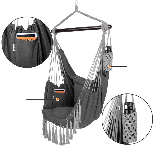 Detex Hängesessel 150 kg Boho Style Getränkehalter 2 Kissen XL Indoor Outdoor Hängeschaukel Hängestuhl Hängematte Hängesitz Bild 5