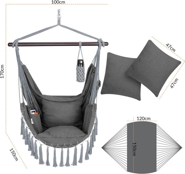 Detex Hängesessel 150 kg Boho Style Getränkehalter 2 Kissen XL Indoor Outdoor Hängeschaukel Hängestuhl Hängematte Hängesitz Bild 6