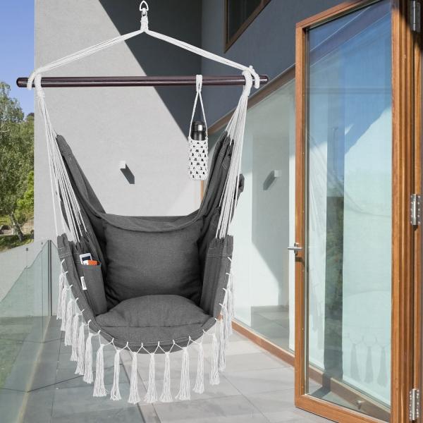 Detex Hängesessel 150 kg Boho Style Getränkehalter 2 Kissen XL Indoor Outdoor Hängeschaukel Hängestuhl Hängematte Hängesitz Bild 9