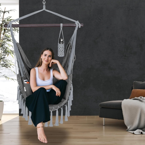 Detex Hängesessel 150 kg Boho Style Getränkehalter 2 Kissen XL Indoor Outdoor Hängeschaukel Hängestuhl Hängematte Hängesitz Bild 2