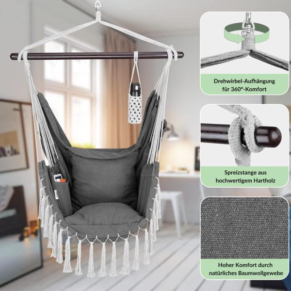 Detex Hängesessel 150 kg Boho Style Getränkehalter 2 Kissen XL Indoor Outdoor Hängeschaukel Hängestuhl Hängematte Hängesitz Bild 4