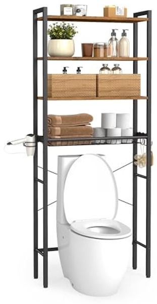 VASAGLE Toilettenregal, Badezimmerregal mit verstellbaren Ablagen und Gitterkorb, WC-Regal mit Föhnhalter, 3 Haken, platzsparend, 24 x 60 x 173 cm
