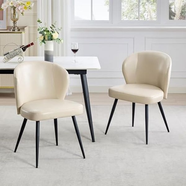 GarveeHome Esszimmerstühle aus Kunstleder – modernes Design ohne Armlehnen, Gebogene Rückenlehne gepolstert & robuste Stahlbeine für Küche/kleine Räume, Beige