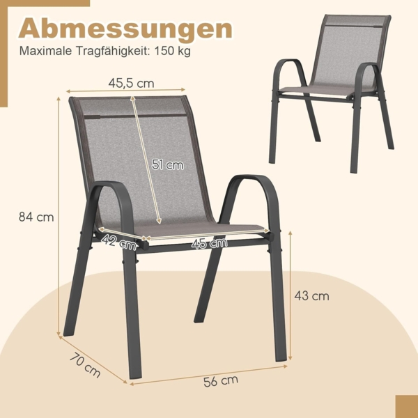 FANTASK Gartenstühle stapelbar, Terrassenstühle, Balkonstühle aus Textilene & Metallgestell, 4er Set Stapelstühle mit Armlehnen, bis 150 kg belastbar, 56 x 70 x 84 cm (Grau) Bild 2