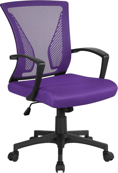 Yaheetech Bürostuhl Ergonomisch, Schreibtischstuhl mit Netzbespannung, Arbeitsstuhl mit Armlehnen, Chefsessel aus Mesh, höhenverstellbarer Computerstuhl 136 kg, atmungsaktiv, Wippfunktion Lila
