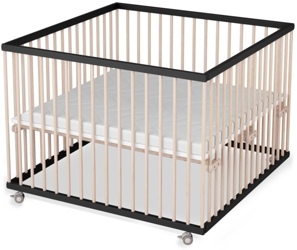 Sämann Laufstall Baby 100x100 cm mit Matratze | TÜV geprüft 2024 | stufenlos höhenverstellbar | Laufgitter Premium | Babybett aus Holz | Krabbelgitter schwarz/natur