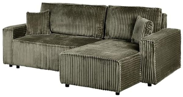 Eckschlafsofa 3-Sitzer ABACKA Cord Grün mit Stauraum linksseitig