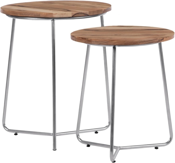 Beistelltisch 2er Set Natur/Silber Ø 43x52 / 38x45 cm rund aus Mangoholz und Eisen WOMO-Design