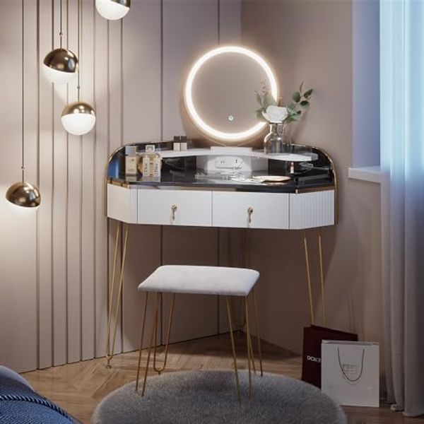 Eckschminktisch Amira Weiß Hochglanz 99 cm mit LED Spiegel, Hocker und USB Vicco