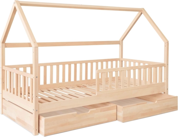 Ehrenkind Hausbett aus massiver Buche in verschiedenen Größen, FSC zertifiziert (Montessori Kinderbett, Jugendbett aus massivem und nachhaltigem Buchenholz, 90x200), höhenverstellbar